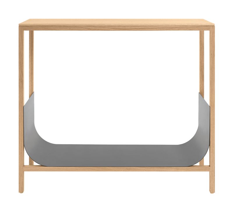 Schönbuch Tub Konsoltisch aus Eiche mit grauer Ablage für Zeitschriften, modernes Möbeldesign.